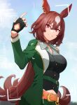  1girl animal_ears belt black_gloves black_shirt blurry breasts brown_hair buttons clouds collared_shirt day depth_of_field fingerless_gloves gloves green_jacket green_pants grin hand_up highres horse_ears horse_girl horse_tail jacket long_hair looking_at_viewer medium_breasts nanaheibei_3 outdoors pants pendant_choker red_eyes shirt sirius_symboli_(umamusume) smile solo tail umamusume upper_body viewfinder 