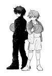  2boys absurdres bag ball basketball_(object) basketball_uniform character_request copyright_request full_body gakuran greyscale highres jacket jihecchi long_sleeves looking_to_the_side monochrome multiple_boys open_clothes open_jacket pants school_bag school_uniform shoes shorts simple_background socks sportswear 