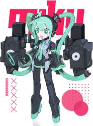  1girl absurdres ahoge android aqua_eyes aqua_hair aqua_necktie barcode bare_shoulders black_sleeves bright_pupils cable_hair character_name cheri_zao detached_sleeves full_body hatsune_miku highres holding holding_megaphone joints long_hair looking_at_viewer mechanical_parts megaphone miniskirt necktie number_tattoo proto_miku_(cheri_zao) robot_girl robot_joints see-through see-through_skirt see-through_sleeves shirt simple_background skirt sleeveless sleeveless_shirt solo standing tattoo very_long_hair vocaloid white_background white_pupils 