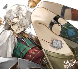  1other asymmetrical_legwear blood brown_hair brown_shorts character_name colored_tips crooked_eyewear dog feet_out_of_frame gauze gauze_on_leg glasses green_socks highres knees_up legwear_garter lying maruma_gozu medicine_pocket medium_hair mismatched_legwear multicolored_hair nosebleed official_alternate_costume on_back red_socks red_vest reverse:1999 shirt shorts socks solo squiggle v-shaped_eyebrows vest white_hair white_shirt yellow_eyes 