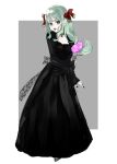  1girl black_dress black_nails bow bow_(paper_mario) collarbone dress fang green_hair grey_background grey_eyes hair_bow hand_fan highres holding holding_fan jewelry long_dress long_hair long_sleeves looking_at_viewer necklace open_mouth paper_mario paper_mario_64 personification red_bow sidelocks simple_background sketch smile solo super_mario_bros. swept_bangs tanakaoruta 