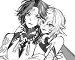  1boy 1girl blush cheek_poking couple genshin_impact greyscale height_difference hetero highres jewelry lumine_(genshin_impact) mikanyuzu monochrome necklace open_mouth pearl_necklace poking short_hair simple_background sweat upper_body white_background xiao_(genshin_impact) 