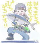  1girl ^_^ animal backwards_hat baseball_cap black_footwear black_hat blue_gloves blue_pants blunt_bangs boots braid brown_hair brown_jacket center-flap_bangs closed_eyes commentary fish foot_out_of_frame gloves hat highres holding holding_animal holding_fish jacket japanese_amberjack kachimachi_kosuzu link!_like!_love_live! long_hair love_live! marusaku_(sitappa39) open_mouth pale_color pants side_ahoge side_braids smile solo teeth translation_request two-handed upper_teeth_only virtual_youtuber white_background 