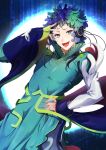  1other absurdres androgynous blue_feathers dress feathers gnosia green_eyes green_feathers green_hair highres long_hair long_sleeves looking_at_viewer nail_polish open_mouth other_focus raqio simple_background solo user_fecf7358 