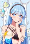  1girl bare_shoulders bikini black_bikini blue_eyes blue_hair blunt_bangs blush hairband hand_on_own_face jewelry long_hair looking_at_viewer magic_knight_rayearth masami_(souzou_jinsei_sanka) necklace ryuuzaki_umi smile solo swimsuit translation_request upper_body 