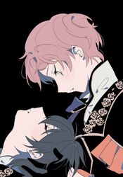  2boys bishounen black_background black_gloves black_hair black_jacket blending bright_pupils close-up closed_eyes collar ensemble_stars! facing_another facing_up flat_color floral_print gloves grey_eyes hand_in_another&#039;s_hair hand_up head_down head_grab high_collar implied_yaoi itsuki_shu jacket kagehira_mika lapels looking_at_another looking_down male_focus multiple_boys parted_lips pink_hair portrait profile roneco short_hair simple_background split_mouth teeth u_u white_collar white_pupils 