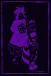  1boy 1girl adaman_(pokemon) back-to-back bunyip_(heavyshrimp) closed_eyes heavyshrimp highres irida_(pokemon) own_hands_together pokemon pokemon_legends:_arceus purple_theme shirt short_hair signature standing strapless strapless_shirt 