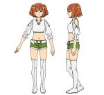  1girl belt boots brown_hair cropped_shirt from_side full_body green_shorts kanne_(sousou_no_frieren) midriff navel official_art profile reference_sheet shirt short_hair short_sleeves shorts sousou_no_frieren straight-on thigh_boots transparent_background two_side_up white_belt white_footwear white_shirt 