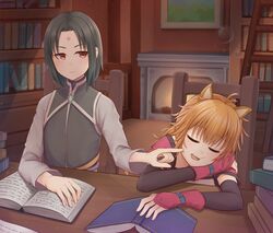  1boy 1girl absurdres animal_ears atorie book cat cat_ears cat_girl cheek_poking commission commissioner_upload fire_emblem fire_emblem:_path_of_radiance fire_emblem:_radiant_dawn fireplace highres long_hair lyre_(fire_emblem) open_book orange_hair pixiv_commission poking reading red_eyes sleeping soren soren_(fire_emblem) soren_(radiant_confidant)_(fire_emblem) study_(room) 