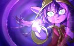  1girl blue_eyes clenched_hand closed_mouth cosplay dress gojou_satoru gojou_satoru_(cosplay) highres league_of_legends light_frown looking_at_viewer lulu_(league_of_legends) magic motion_lines napalm_express purple_background purple_hair simple_background solo violet_eyes wide-eyed yordle 
