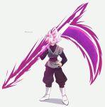  1boy black_pants black_shirt boots dragon_ball dragon_ball_super earrings energy_blade goku_black grey_tunic hand_on_own_hip highres holding holding_scythe holding_weapon jewelry komesan_0212 long_sleeves looking_to_the_side male_focus medium_hair over_shoulder pants pink_hair potara_earrings scythe shirt simple_background single_earring solo super_saiyan super_saiyan_rose twitter_username violet_eyes weapon weapon_over_shoulder white_footwear 