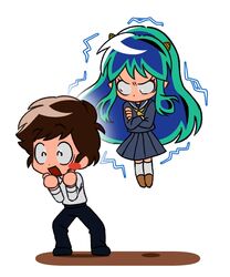  1boy 1girl ^_^ angry black_pants blue_sailor_collar blue_serafuku blue_shirt blue_skirt brown_footwear brown_hair closed_eyes commentary cone_horns crossed_arms electricity facing_viewer flying green_hair horns js_cm99 long_hair looking_at_another lum moroboshi_ataru neckerchief open_mouth pants pleated_skirt pointy_ears sailor_collar school_uniform serafuku shadow shirt short_hair sidelocks simple_background skirt socks symbol-only_commentary urusei_yatsura v-shaped_eyebrows white_background white_shirt white_socks yellow_neckerchief 