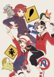  1girl 2boys :q ;d arm_up backwards_hat bandaid bandaid_on_arm baseball_cap black_hat black_jacket black_pants blue_overalls bow brown_eyes brown_hair cabbie_hat celebi chikorita commentary cyndaquil ethan_(pokemon) grey_eyes grey_hair grey_pants hat hat_bow highres holding holding_poke_ball index_finger_raised jacket lyra_(pokemon) medium_hair mikakami1e multiple_boys one_eye_closed overalls pants poke_ball poke_ball_(basic) pokemon pokemon_hgss red_bow red_eyes red_footwear red_jacket red_ribbon red_shirt redhead ribbon road_sign shirt shoes short_hair sign silver_(pokemon) smile thigh-highs tongue tongue_out totodile twintails white_hat white_thighhighs 