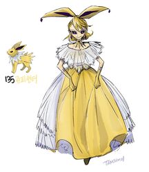  1girl black_sclera blonde_hair bow_hairband bright_pupils closed_mouth collarbone colored_sclera commentary dress earrings full_body hairband jewelry jolteon looking_at_viewer personification pokemon pokemon_(creature) reference_inset short_hair signature simple_background smile tamtamdi translated white_background white_pupils yellow_dress 