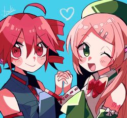  2girls ahoge blue_background blush_stickers bow bowtie collared_shirt detached_sleeves drill_hair green_eyes hair_ornament hairclip halftone heart holding_hands kasane_teto long_hair long_sleeves looking_at_viewer momone_momo multiple_girls one_eye_closed open_mouth pink_hair red_eyes ribbon-trimmed_sleeves ribbon_trim shirt sleeveless sleeveless_shirt smile twin_drills utau yuusuke-kun 