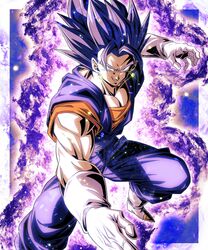  1boy absurdres alternate_hair_color aura blue_pants blue_sash blue_shirt border dougi dragon_ball dragon_ball_super dragon_ball_z earrings gloves highres jewelry looking_at_viewer muscular muscular_male orange_shirt outside_border pants potara_earrings purple_hair sash sekitsuki_hayato shirt short_sleeves sleeveless sleeveless_shirt smirk solo spiky_hair vegetto violet_eyes white_border white_gloves 