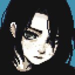  1girl asymmetrical_bangs black_hair black_shirt bloobir blue_background closed_mouth freckles grey_eyes hair_over_one_eye highres long_hair looking_at_viewer original pale_skin pixel_art portrait shirt simple_background solo straight_hair 