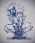  1girl animal_ears artist_name body_fur breasts furry furry_female glowing glowing_eyes gradient_background grey_background hooves horns iahfy kindred_(league_of_legends) lamb_(league_of_legends) league_of_legends long_hair looking_at_viewer mask medium_breasts solo squatting 