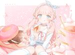  1girl :q absurdres animal blue_eyes blue_hairband blush cake cake_slice choker closed_mouth collarbone collared_shirt cup doughnut feet_out_of_frame food food-themed_background frills grey_skirt hair_ornament hair_ribbon hairband highres holding holding_cake holding_food indie_virtual_youtuber kneehighs licking_lips long_hair long_sleeves looking_at_viewer low_twintails neck_ribbon oversized_object pink_background pink_hair rabbit red_ribbon ribbon shirt sitting skirt smile socks solo spoon star_(symbol) striped_background stuffed_animal stuffed_toy tongue tongue_out twintails usanta very_long_hair watermark white_shirt white_socks 
