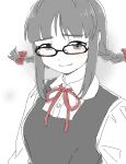  1girl akizuki_ritsuko bad_drawr_id bad_id black_vest bow braid collared_shirt colored_skin glasses grey_eyes grey_hair hair_bow idolmaster idolmaster_(classic) idolmaster_1 itsuki_(otsugei) looking_at_viewer monochrome neck_ribbon oekaki red_bow red_ribbon ribbon shirt short_hair sidelocks smile solo spot_color twin_braids upper_body vest white_shirt white_skin 