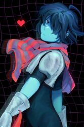  1other afterimage armor black_background blue_hair blue_skin closed_mouth colored_skin commentary deltarune from_side goomyloid grid_background hair_over_one_eye heart highres kris_(deltarune) red_scarf scarf short_hair solo striped_clothes striped_scarf symbol-only_commentary 