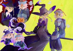  1girl 1other :3 androgynous black_dress black_hat blonde_hair bow braid collared_dress commentary crona_(soul_eater) dress green_eyes hair_bow halloween_costume hat highres jiangshi long_sleeves maka_albarn multiple_views open_mouth pink_bow pink_hair red_hat short_hair sleeves_past_fingers sleeves_past_wrists smile soul_eater strawbonni sweat symbol-only_commentary twin_braids witch witch_hat 