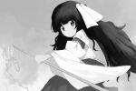  1girl blunt_bangs commentary_request girl_who_trained_on_mt._haku_(touhou) gohei greyscale hair_ribbon hakama hakama_skirt holding holding_gohei iyo_mamoru japanese_clothes kariginu long_hair looking_at_viewer looking_back miko monochrome portrait_of_exotic_girls ribbon ribbon-trimmed_shirt skirt solo touhou very_long_hair 