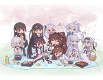  &gt;_&lt; 6+girls asashimo_(kancolle) ayuko91 black_hair blush bodysuit bottle breasts brown_hair cherry_blossoms chibi chopsticks closed_eyes cup day flower food fuyutsuki_(kancolle) grey_hair grin hachimaki hair_flower hair_ornament hair_over_one_eye hair_ribbon hairclip hamakaze_(kancolle) hands_on_own_hips hatsushimo_(kancolle) headband highres holding holding_food isokaze_(kancolle) kantai_collection kasumi_(kancolle) lap_pillow long_hair long_sleeves multiple_girls one_side_up onigiri open_mouth outdoors pantyhose petals pink_flower plate red_ribbon ribbon sailor_collar school_uniform serafuku shirt short_hair sitting sleeping smile standing suzutsuki_(kancolle) thigh-highs white_bodysuit white_shirt yahagi_(kancolle) yamato_(kancolle) yukikaze_(kancolle) 