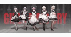  5girls ahoge apron awa_subaru bare_legs black_dress black_footwear black_hair black_socks blue_eyes blush broom closed_mouth commentary_request copyright_name dress ebizuka_tomo frilled_apron frills girls_band_cry grey_eyes grey_hair hair_between_eyes hand_up highres holding holding_broom iseri_nina juliet_sleeves kawaragi_momoka kneehighs korean_commentary long_hair long_hair_between_eyes long_sleeves looking_at_viewer low_twintails maid maid_apron maid_headdress multiple_girls one_eye_closed open_mouth pantyhose parted_bangs puffy_short_sleeves puffy_sleeves red_eyes rupa_(girls_band_cry) short_hair short_sleeves short_twintails sidelocks smile socks soha_blan standing standing_on_one_leg sweatdrop thigh-highs togenashi_togeari twintails twitter_username violet_eyes white_apron white_pantyhose white_socks white_thighhighs yellow_eyes zettai_ryouiki 