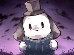  black_hat book closed_mouth clouds commentary_request dog field_of_blades hat hnzk_aroma holding holding_book no_humans open_book purple_sky sky solo sword top_hat towelket_wo_mou_ichido wanko_(towelket) weapon 