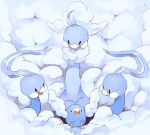  altaria animal_focus bird black_eyes closed_mouth clouds commentary cuddling english_commentary evolutionary_line fluffy happy happyds looking_at_another mega_altaria no_humans open_mouth pokemon pokemon_(creature) smile solid_oval_eyes swablu tongue 