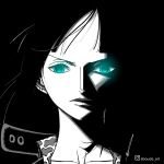  1girl aboude_art black_background blue_eyes close-up closed_mouth collared_shirt commentary facing_viewer floating_hair greyscale instagram_logo instagram_username limited_palette long_hair looking_at_viewer monochrome nico_robin one_piece partially_colored portrait shirt sidelighting signature simple_background solo 