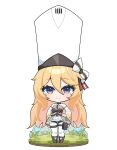  1girl absurdres blonde_hair blue_eyes bow chibi dress frilled_dress frills girls_frontline grass hair_between_eyes hands_on_own_hips highres kolibri_(girls&#039;_frontline) large_hat long_hair looking_at_viewer pantyhose pouch rynzfrancis smile solo thigh_pouch thigh_strap twitter_username very_long_hair white_background white_headwear white_pantyhose wide_sleeves 