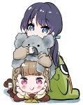  2girls :&gt; absurdres arm_support blue_eyes blue_hair blue_ribbon blunt_bangs braid brown_cardigan brown_dress brown_footwear brown_hair cardigan dark_blue_hair dress hair_ribbon hashtag-only_commentary hasu_no_sora_school_uniform highres holding holding_stuffed_toy hugging_doll hugging_object kachimachi_kosuzu link!_like!_love_live! loafers long_hair long_sleeves looking_at_viewer loose_hair_strand love_live! low_twintails lying medium_dress multiple_girls murano_sayaka neckerchief on_stomach pink_eyes pleated_dress ribbon sailor_collar sailor_dress school_uniform shadow shoes side_braids simple_background smile split_mouth straight_hair stuffed_koala stuffed_toy tagawa_maru twintails v-shaped_eyebrows virtual_youtuber white_background white_sailor_collar winter_uniform yellow_neckerchief 