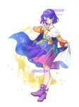  1girl 80isiiii absurdres blue_eyes blue_hair blush boots cloak commission dress full_body hairband highres long_sleeves multicolored_clothes multicolored_dress multicolored_hairband open_mouth purple_footwear rainbow_gradient short_hair simple_background sky_print smile solo tenkyuu_chimata touhou watermark white_background white_cloak 