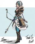  1girl aqua_pantyhose arrow_(projectile) boots bow_(weapon) breasts cm_lynarc commission fire_emblem fire_emblem_fates full_body hair_over_one_eye highres holding holding_bow_(weapon) holding_weapon japanese_clothes knee_boots medium_breasts open_mouth pantyhose quiver setsuna_(fire_emblem) solo teeth upper_teeth_only weapon white_headdress 