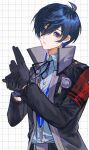  1boy adjusting_clothes adjusting_gloves armband belt black_gloves black_jacket black_ribbon blue_eyes blue_hair checkered_background collared_shirt dark_blue_hair digital_media_player earphones gloves hair_between_eyes hashtag-only_commentary highres jacket long_sleeves looking_at_viewer male_focus miko_66 neck_ribbon open_clothes open_jacket parted_lips persona persona_3 persona_3_reload popped_collar red_armband ribbon s.e.e.s shirt short_hair solo upper_body white_shirt yuuki_makoto_(persona_3) 