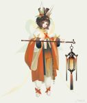  1girl :d absurdres animal_ears arched_bangs blush brown_hair chinese_clothes chinese_text commentary_request full_body fur_collar fur_trim gradient_hair hagoromo hair_ornament highres holding holding_lantern holding_staff lantern leaf long_sleeves looking_at_viewer multicolored_hair open_mouth original paper_lantern rabbit_ears rabbit_hairstyle red_eyes shawl simple_background smile solo staff standing translation_request white_background white_footwear wide_sleeves yuwu_sichuan 