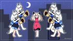  &gt;_&lt; 5girls animal_ears barefoot black_dress blonde_hair blue_sky blunt_bangs braid clone closed_mouth commentary covering_own_ears crescent_moon criss-cross_halter dress frown full_body halterneck highres holding_saxophone instrument long_hair medium_bangs meme moon multiple_girls music nekoboyeh night playing_instrument rabbit_and_steel rabbit_ears rabbit_girl red_dress sky sleeveless sleeveless_dress smile spellsword_rabbit star_(sky) starry_sky symbol-only_commentary tail tassha_the_snowfur_wolf trumpet_boy_(meme) twin_braids white_hair wolf_ears wolf_girl wolf_tail 
