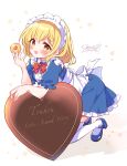  1girl :d absurdres apron back_bow blonde_hair blue_dress blue_footwear blush bow bowtie candy chocolate commentary_request cookie dress food frilled_dress frills full_body heart heart-shaped_chocolate highres holding holding_cookie holding_food lotus_land_story maid maid_apron maid_day maid_headdress mary_janes mugetsu_(touhou) puffy_short_sleeves puffy_sleeves red_bow red_bowtie shoes short_sleeves simple_background smile solo thigh-highs touhou touhou_(pc-98) white_apron white_background white_bow white_thighhighs yellow_eyes yurufuwa_milk 