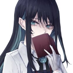  1girl ado_(utaite) aqua_eyes aqua_hair aqua_rose black_bow black_bowtie blue_hair book bow bowtie chando_(ado) cloud_nine_inc commentary_request covering_own_mouth dress_shirt eyelashes gloves hair_between_eyes hand_up highres holding holding_book long_bangs long_hair long_sleeves looking_at_viewer mole mole_under_eye multicolored_hair open_book orihara_(ewkkyorhr) portrait shade shirt sideways_glance simple_background solo straight_hair swept_bangs two-tone_hair white_background white_gloves white_shirt 