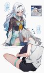  2girls aqua_skirt bare_shoulders black_hairband black_jacket black_skirt black_thighhighs blue_thighhighs commentary_request cropped_jacket firefly_(honkai:_star_rail) frown gradient_legwear grey_hair grey_shirt hairband headpat highres honkai:_star_rail honkai_(series) jacket lap_pillow looking_at_another looking_down multiple_girls neckerchief off-shoulder_shirt off_shoulder one_side_up open_mouth orange_neckerchief shaded_face shirt simple_background sitting skirt smile speech_bubble squiggle stelle_(honkai:_star_rail) thigh-highs thigh_strap trailblazer_(honkai:_star_rail) translation_request violet_eyes white_background white_hair white_shirt yellow_eyes yodare_(3yami8) 