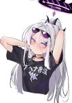  1girl black_choker black_horns black_shirt blue_archive blush choker closed_mouth demon_horns grey_hair halo highres hina_(blue_archive) horns long_hair painterliuhao shirt short_sleeves simple_background solo sunglasses upper_body very_long_hair violet_eyes white_background 