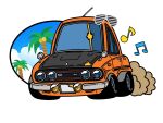 car choro-q dust highres kouki_(ky1202281) license_plate motor_vehicle musical_note no_humans orange_car palm_tree shutter_shades tree vehicle_focus vehicle_request 