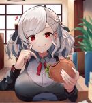  1girl bare_shoulders black_ribbon black_shirt blue_shirt braid breast_rest breasts breasts_on_table burger collared_shirt detached_sleeves food french_braid girls_frontline greyscale hair_ribbon half_updo heart highres holding holding_burger holding_food indoors large_breasts long_hair looking_at_viewer monochrome red_eyes ribbon shirt sleeveless sleeveless_shirt snnm_hb solo spas-12_(girls&#039;_frontline) swept_bangs table twintails wavy_mouth white_hair 