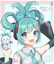  1girl aqua_bow aqua_eyes aqua_hair aqua_necktie bare_shoulders bow cinnamiku cinnamoroll collared_shirt commentary_request detached_sleeves folded_twintails freedom_up grey_shirt hair_bow hatsune_miku highres long_hair necktie number_tattoo sanrio shirt simple_background sleeveless sleeveless_shirt solo tattoo updo upper_body vocaloid white_background 