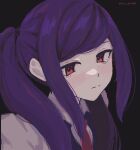  1girl ayu_mu00 black_background blush closed_mouth commentary english_commentary jill_stingray long_hair looking_at_viewer portrait purple_hair red_eyes sidelocks simple_background solo twintails twitter_username va-11_hall-a 