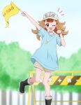 1girl ;d \r\n absurdres baseball_cap black_footwear blue_shirt blue_sky blue_t-shirt blurry blurry_background boots brown_hair clear_sky commentary_request commission cosplay day flag forest grey_shorts hat hataraku_saibou highres holding holding_flag inukai_komugi kagami_chihiro long_hair looking_at_viewer naganawa_maria nature notice_lines one_eye_closed open_mouth outdoors partial_commentary paw_pose pixiv_commission platelet_(hataraku_saibou) platelet_(hataraku_saibou)_(cosplay) precure red_eyes shirt short_sleeves shorts sign sky smile solo split_ponytail standing standing_on_one_leg t-shirt voice_actor_connection warning_sign whistle whistle_around_neck white_hat wonderful_precure!