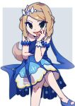  1girl :d black_eyes blonde_hair blue_dress blue_footwear crossed_legs dress hand_on_own_face hand_up highres long_hair looking_at_viewer mary_janes omochi_(omotimotittona3) open_mouth pokemon pokemon_masters_ex serena_(champion)_(pokemon) serena_(pokemon) shoes smile solo 