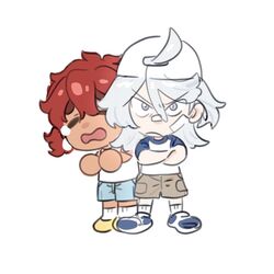  2girls aged_down ahoge angry backwards_hat bandaid bandaid_on_face chibi chibi_only closed_eyes closed_mouth crossed_arms crying frown full_body fyf_831 grey_eyes gundam gundam_suisei_no_majo hat highres long_hair miorine_rembran multiple_girls open_mouth redhead shirt shoes shorts simple_background socks suletta_mercury t-shirt tears thick_eyebrows white_background white_hair 